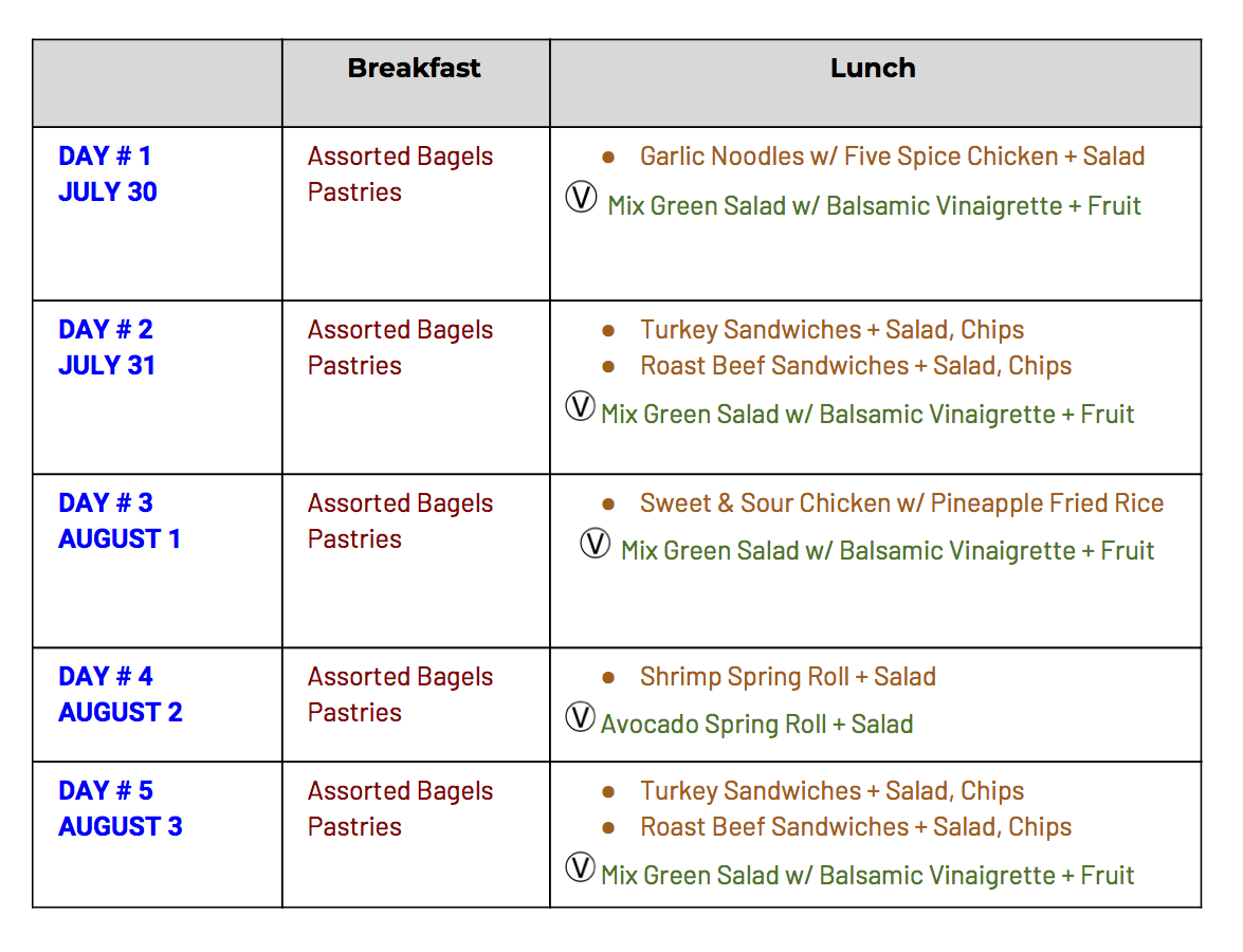 Camp Food Menu